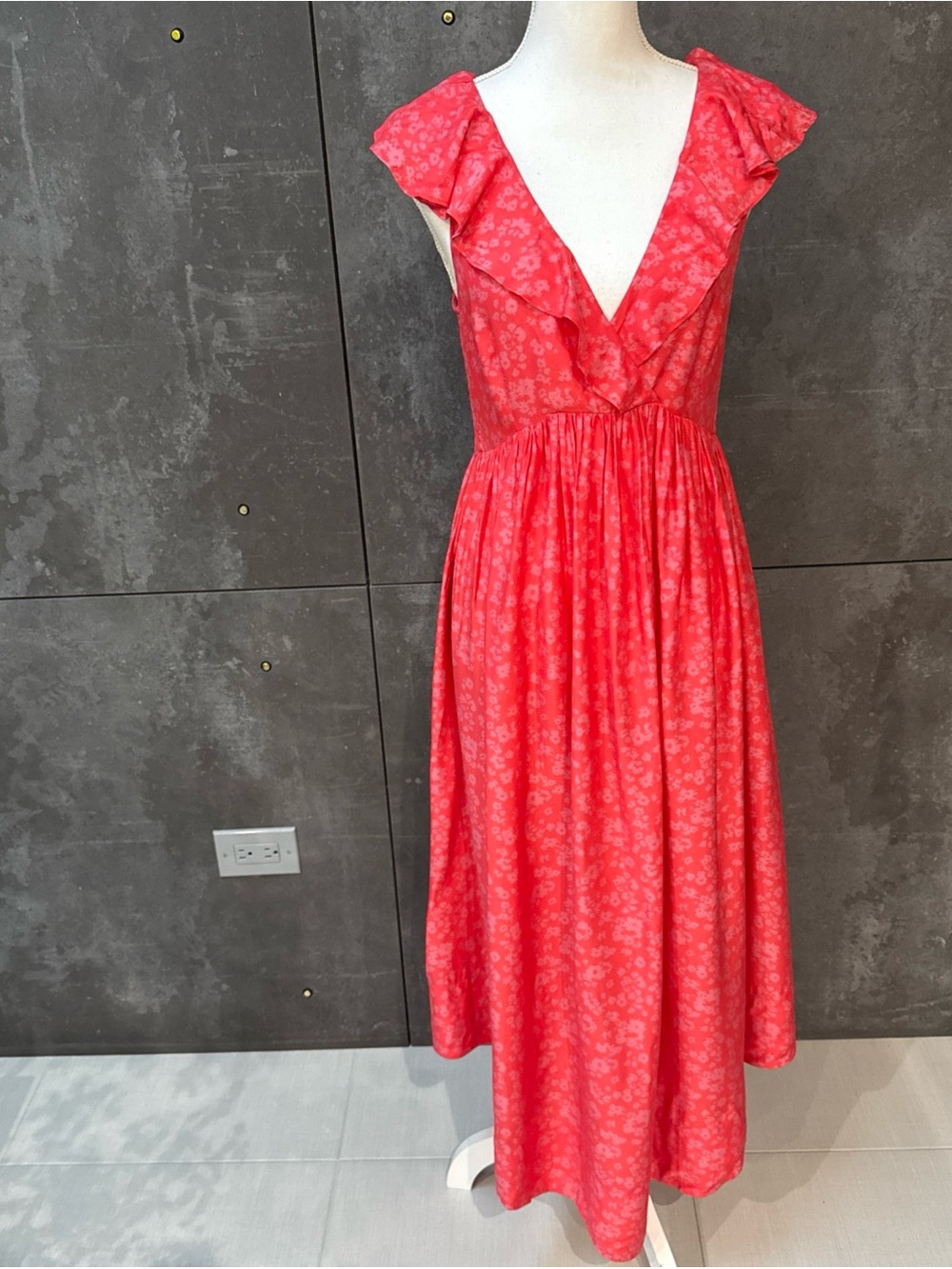 HATCH Briana Coral Midi Maternity Dress Sz  L Silk Blend Printed Ruffles  Summer